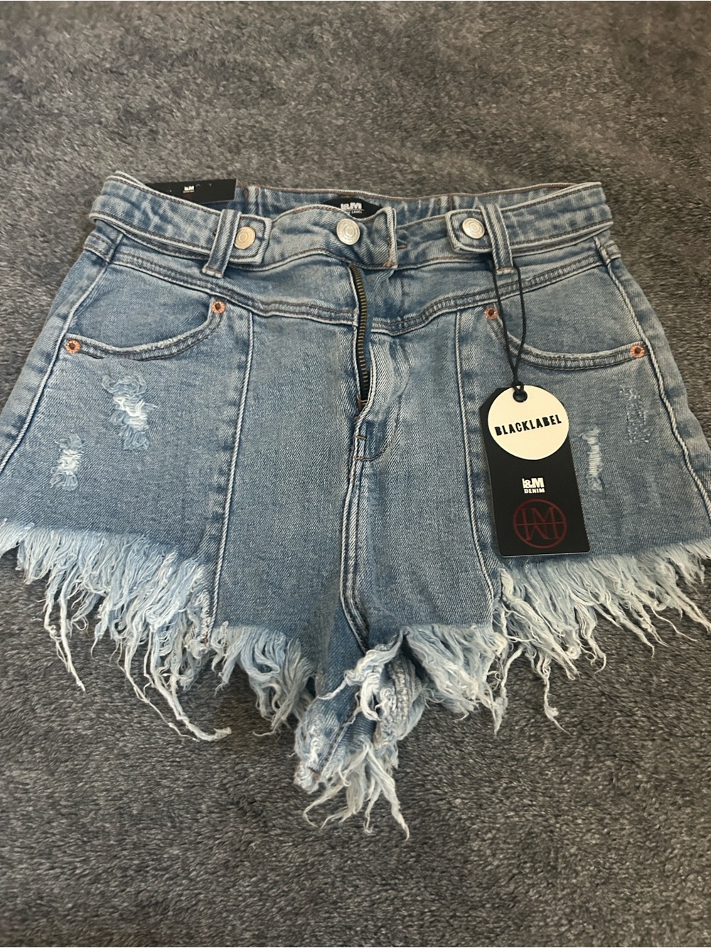 Black Label Frayed Hem High-Rise Denim Shorts in Light Blue